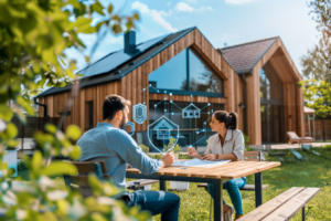 Un couple assis à une table en bois à l'extérieur d'une maison moderne en bois