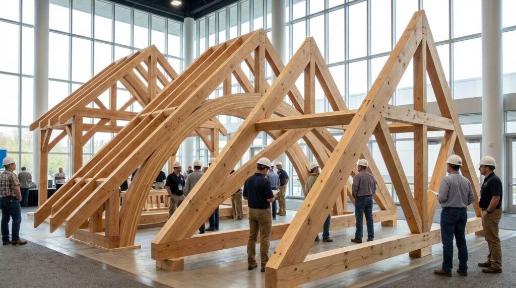 La charpente d'une toiture en bois en pente