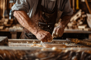 Un menuisier concentré dans son atelier, sculptant un morceau de bois avec précision