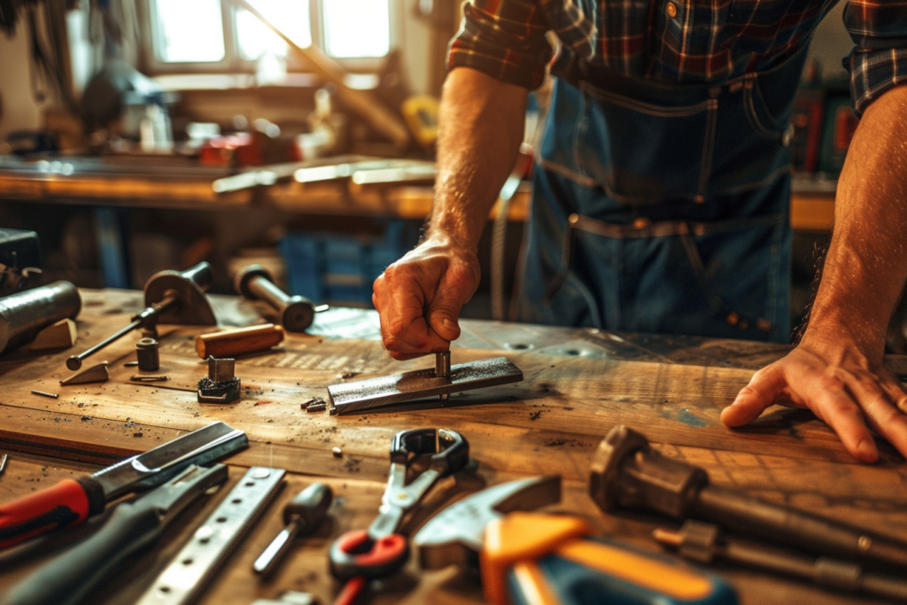 Gros plan sur la main d’un professionnel tenant une pièce de fer plat, posée sur un établi en bois, avec des outils d’atelier tout autour.