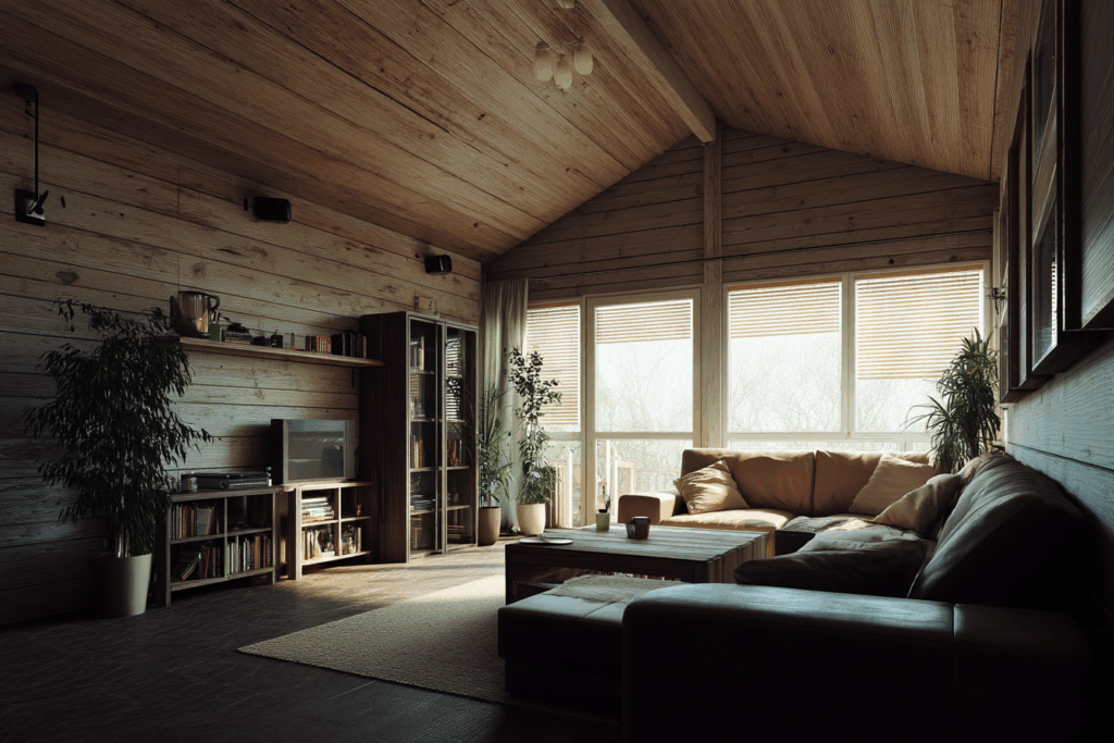 L’intérieur d’une maison moderne en bois, ambiance chaleureuse et silencieuse avec lumière naturelle douce.