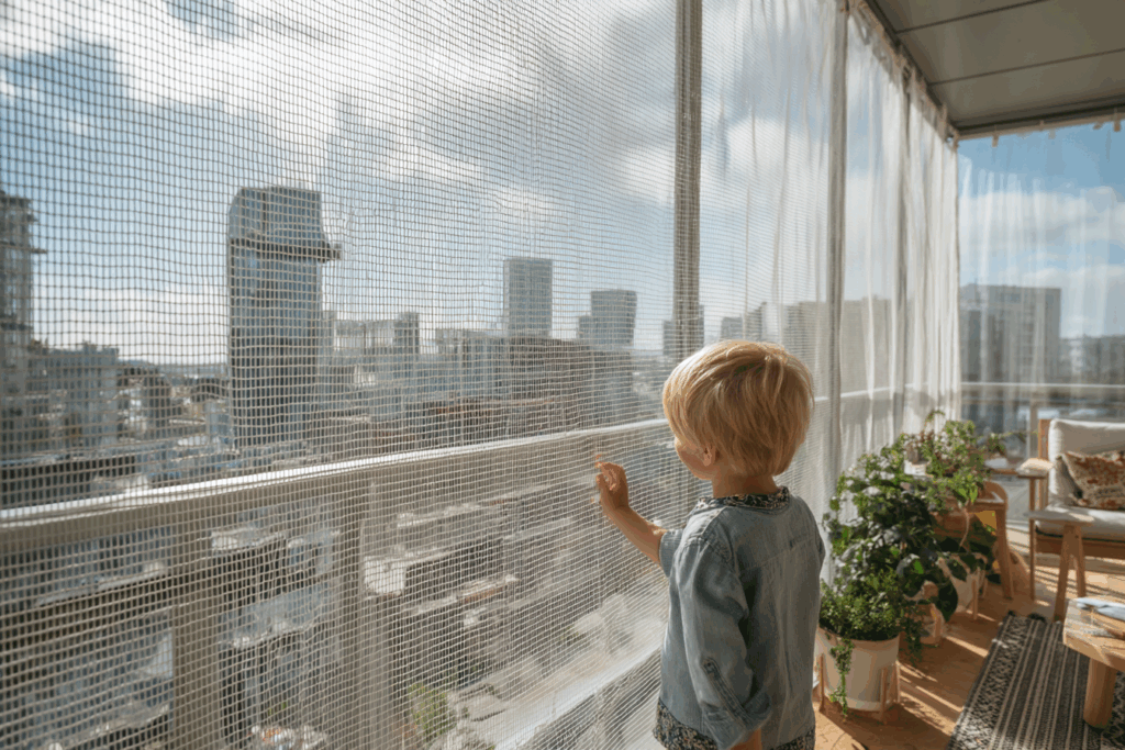 Un jeune enfant regardant à travers un filet de sécurité transparent fixé sur un balcon, avec une vue urbaine en arrière-plan