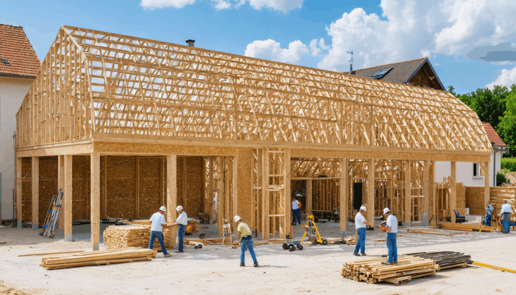 découvrez la transformation de la place de la févrière à mauges-sur-loire, où la charpente en bois de la nouvelle halle prend vie. un projet architectural emblématique qui promet d'animer le cœur de la commune et de renforcer le patrimoine local.