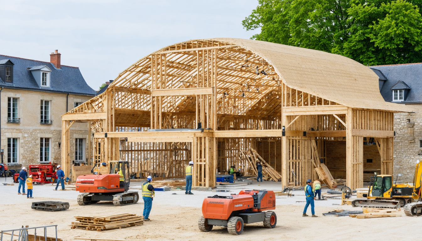 découvrez la transformation de la place de la févrière à mauges-sur-loire avec la construction de la halle en bois, un projet qui allie architecture moderne et esprit traditionnel. ne manquez pas cette nouvelle ambiance conviviale au cœur de la ville!