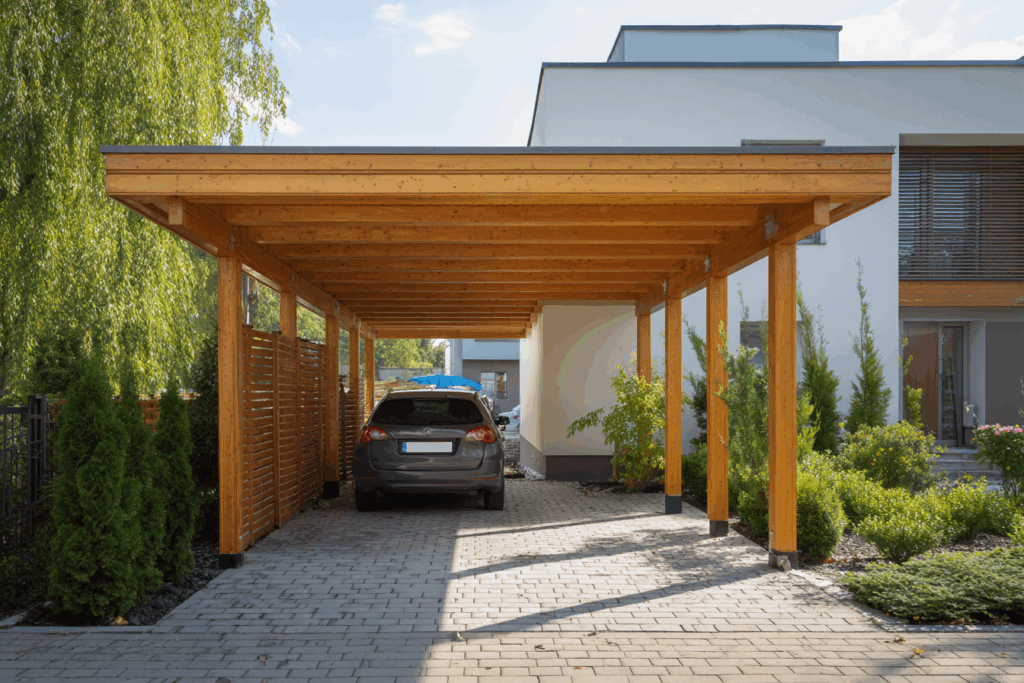 Carport en bois devant une maison moderne, voiture stationnée dessous, dans un jardin propre et lumineux en plein jour.