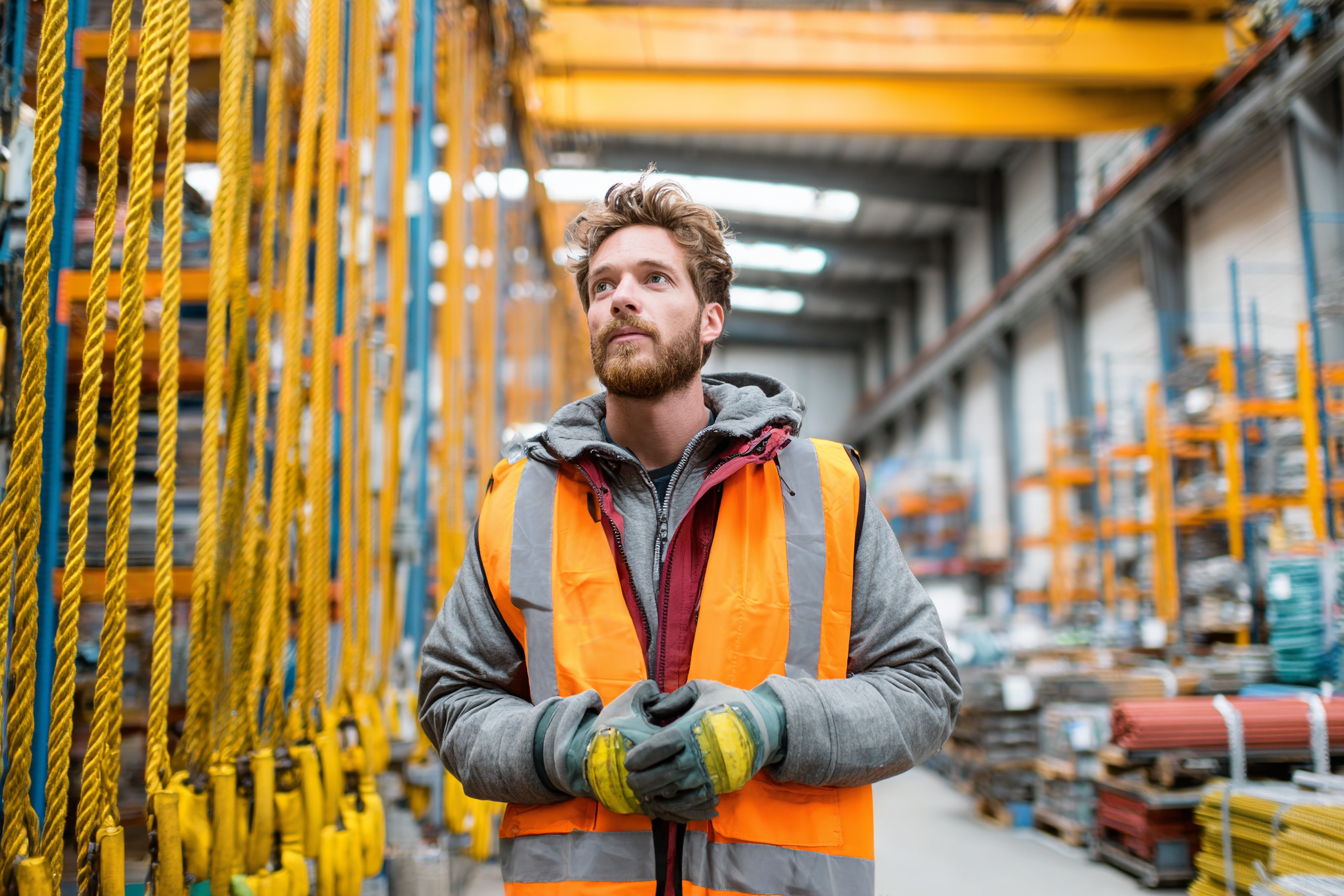 Technicien vérifiant une élingue de levage dans un entrepôt industriel lumineux, lors d’un contrôle de sécurité.