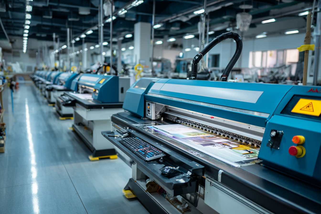 Atelier industriel avec plusieurs plotters de découpe alignés, illustrant l’usage de cette technologie en production.