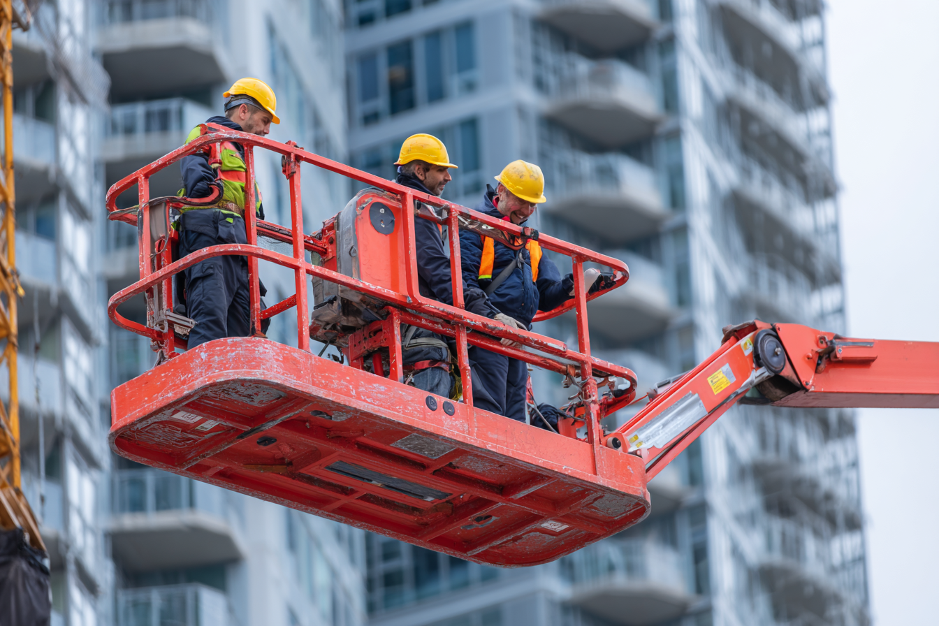 Ouvriers en casque de sécurité utilisant une nacelle élévatrice sur un chantier de construction d’immeuble.