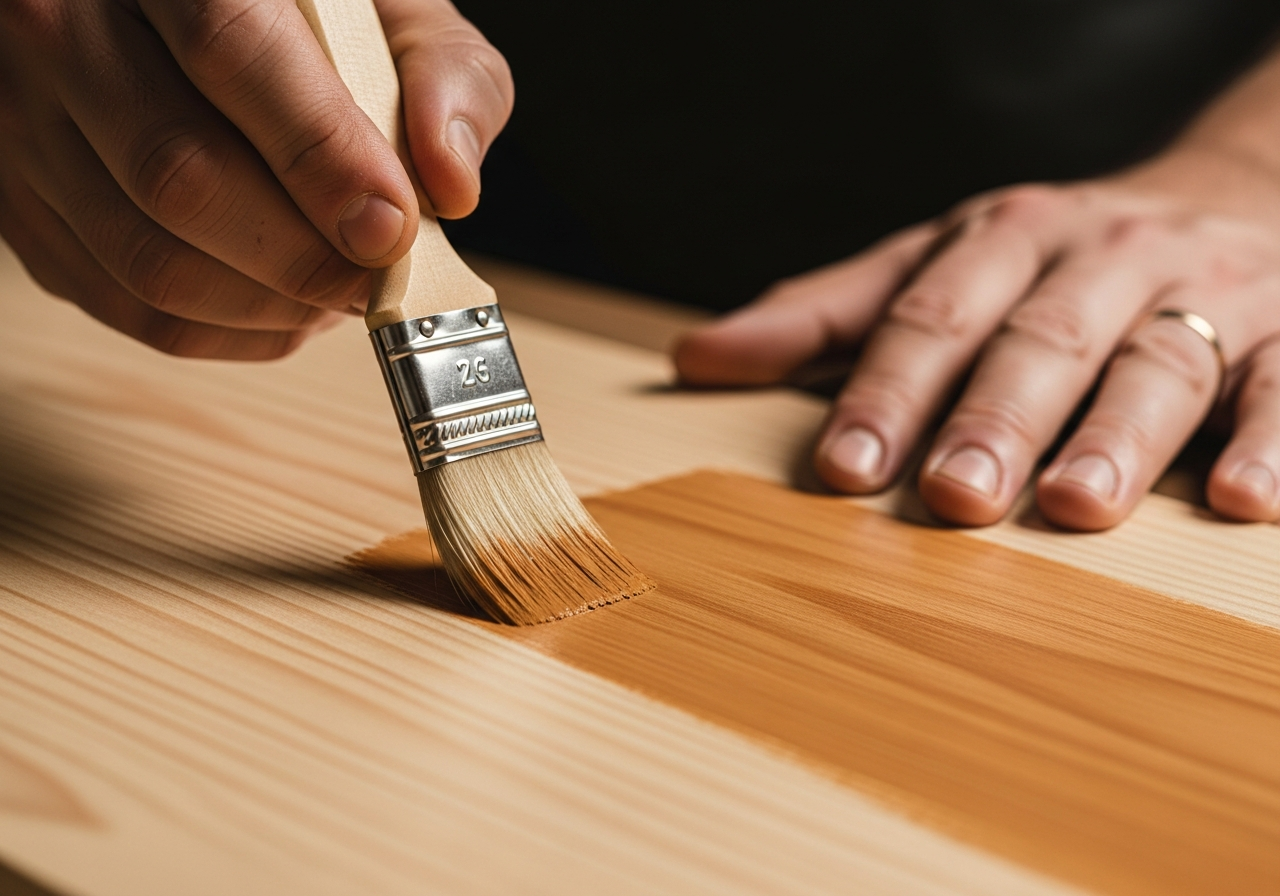 Gros plan d’un artisan appliquant soigneusement de la peinture sur du bois avec un pinceau.