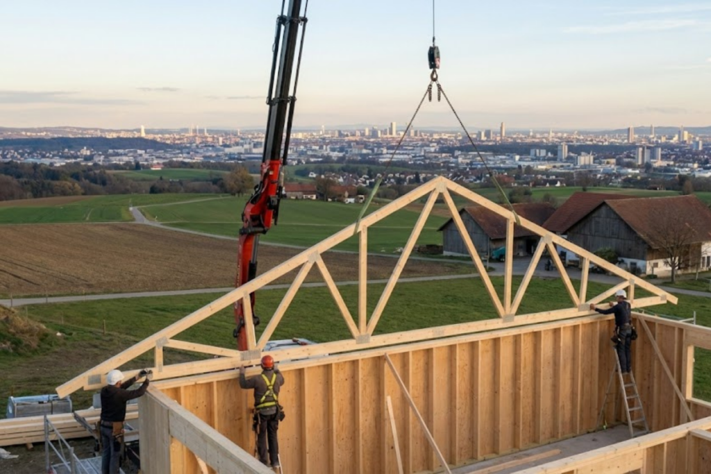 Installation d'une charpente fermette en zone rurale avec une vue de la ville au loin