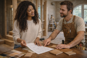 Discussion entre client et artisan du bois pour un projet de travaux.