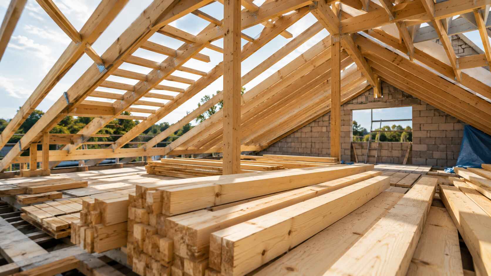 Ce chantier présente des piles de poutres neuves au sol devant une grande structure de toit en bois bien éclairée.