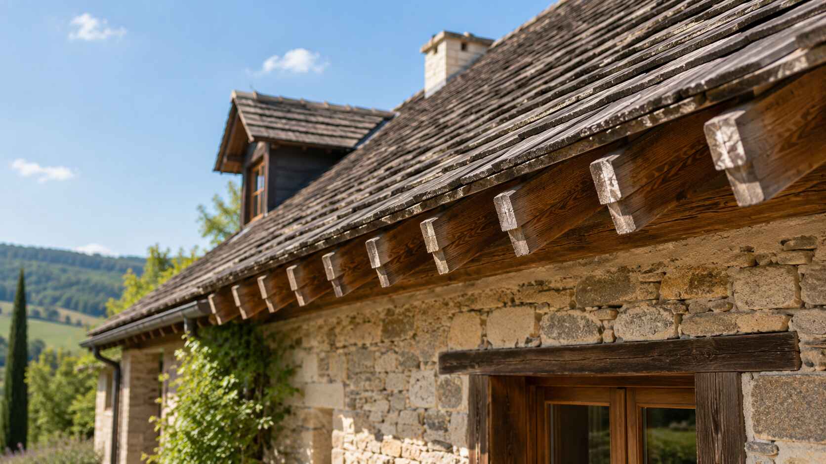 Maison traditionnelle en pierre avec charpente en bois, toiture à queue de vache et coyaux visibles, sous une lumière estivale chaleureuse.
