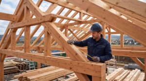 Un charpentier portant un casque bleu mesure précisément une poutre en bois dans la charpente d'une maison en construction.