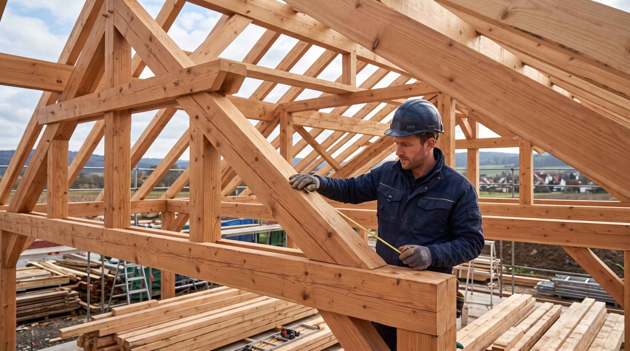 Un charpentier portant un casque bleu mesure précisément une poutre en bois dans la charpente d'une maison en construction.