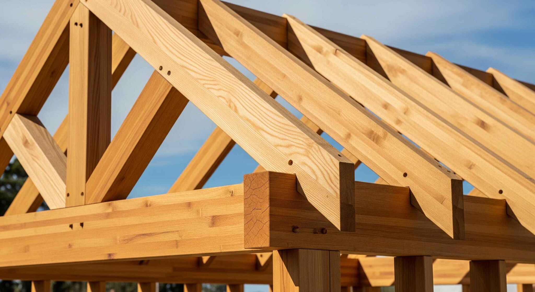 Une structure de charpente de toit en bois massif en cours de construction, montrant des assemblages complexes sous un ciel bleu clair.