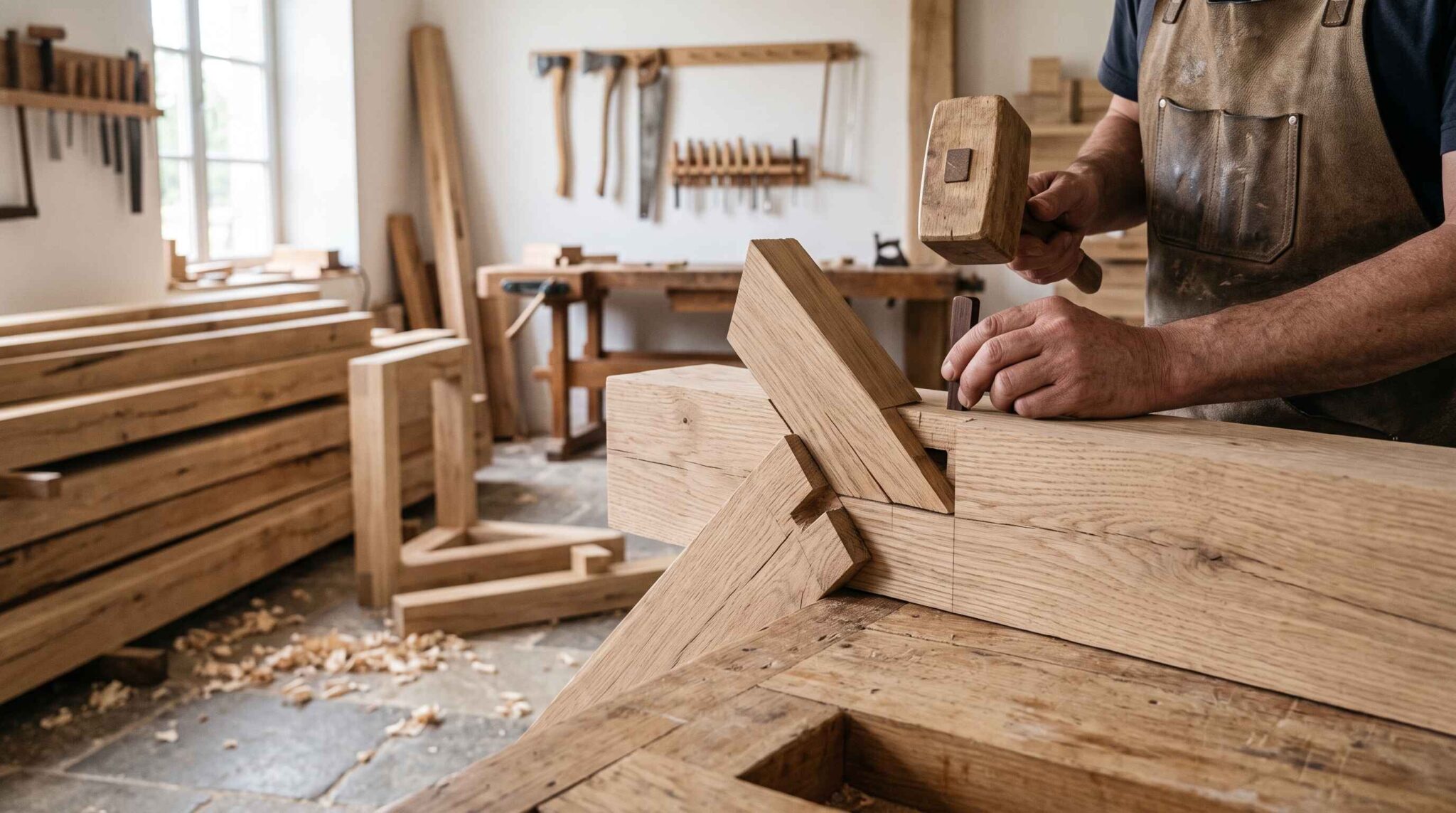 Un charpentier utilise un maillet en bois pour emboîter un assemblage complexe de grosses pièces de charpente sur son établi.