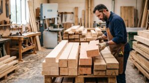 Un charpentier barbu en tablier de cuir inspecte une poutre en bois clair posée sur des palettes dans son atelier.
