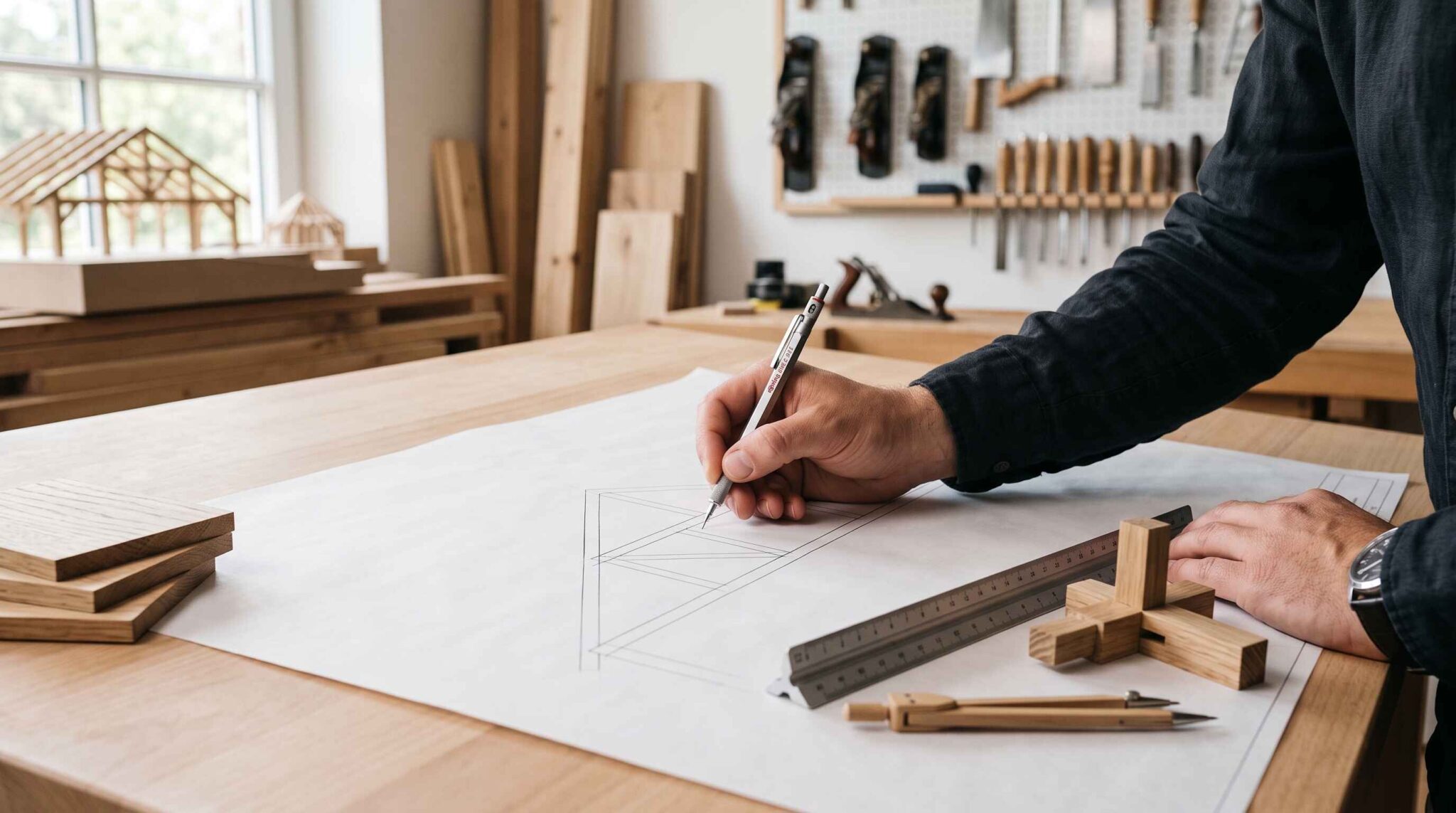 Les mains du charpentier dessinent un plan technique au crayon avec une règle sur un grand établi en bois massif.