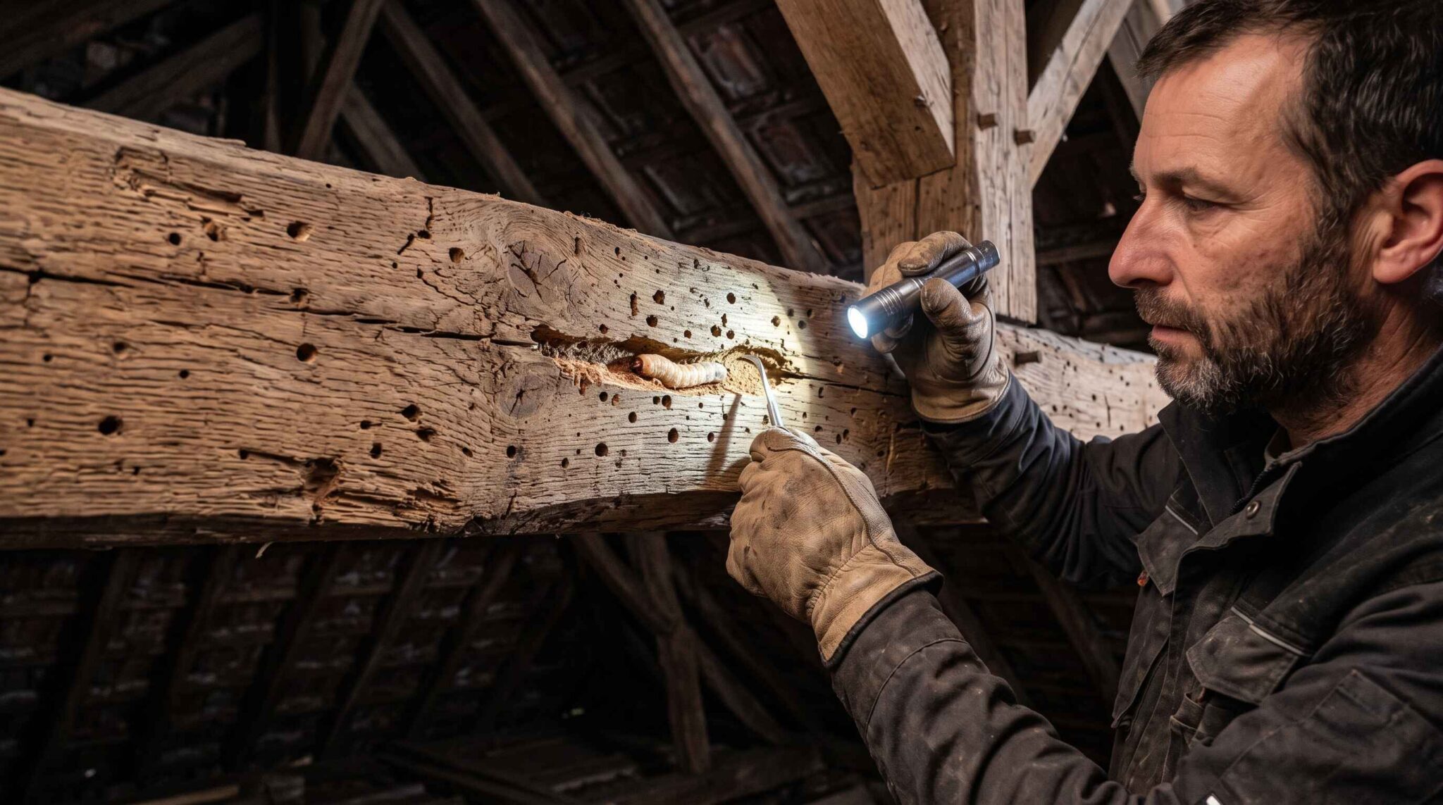 Un technicien éclaire avec sa lampe torche une grosse larve blanche nichée dans la crevasse de la poutre en bois.