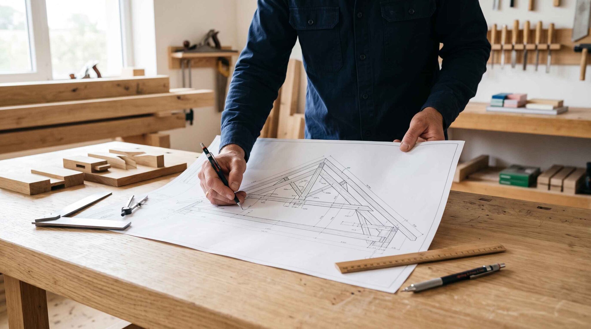 Un artisan en chemise bleue trace un schéma de charpente sur un papier posé sur un établi en bois clair.
