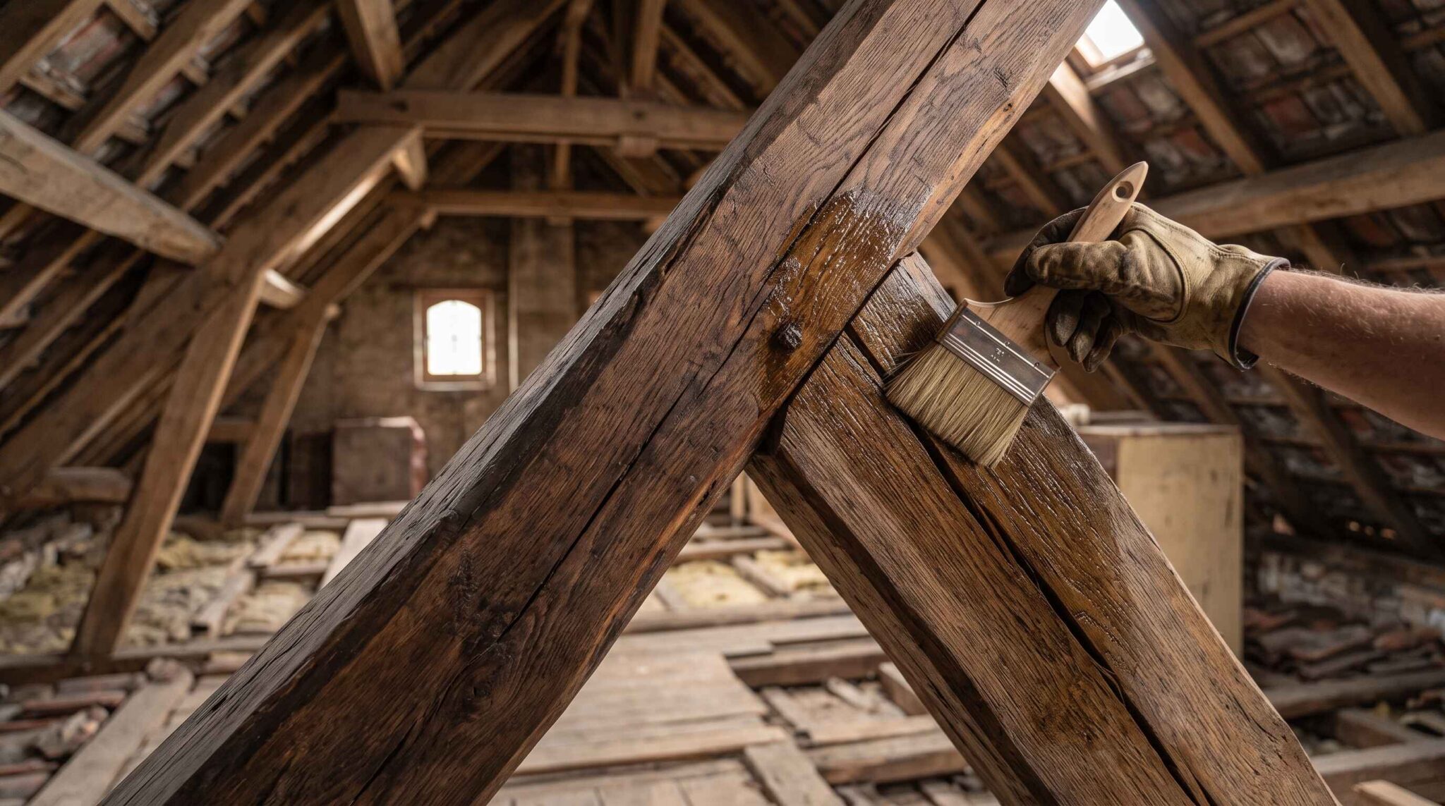 L'image montre l'intérieur d'un grenier rustique avec une charpente en bois visible. Au premier plan, une main gantée vernit une grosse poutre centrale.