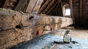 Une poutre en bois ancienne équipée d'injecteurs à bouchon rouge et un pulvérisateur posé sur une bâche en plastique.
