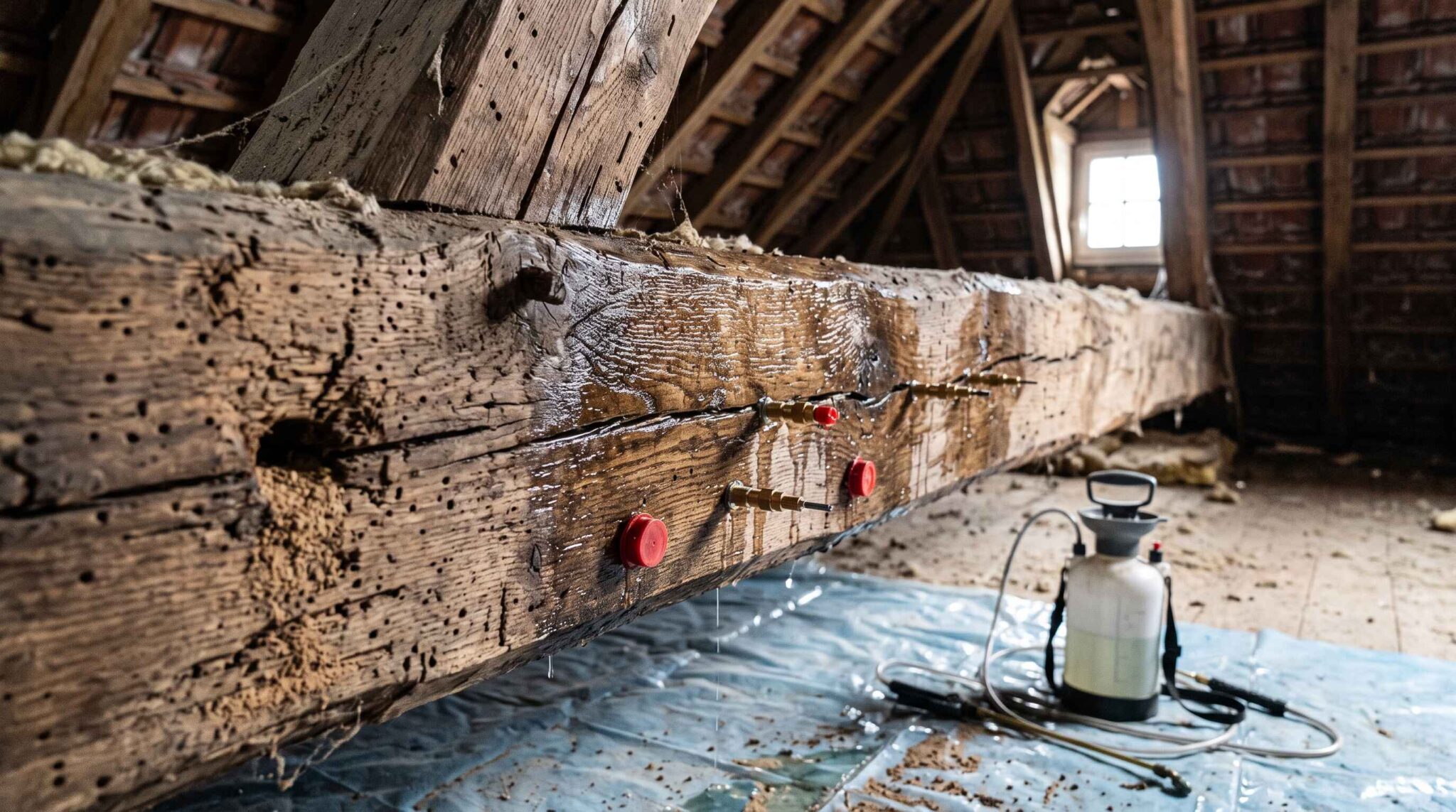 Une poutre en bois ancienne équipée d'injecteurs à bouchon rouge et un pulvérisateur posé sur une bâche en plastique.