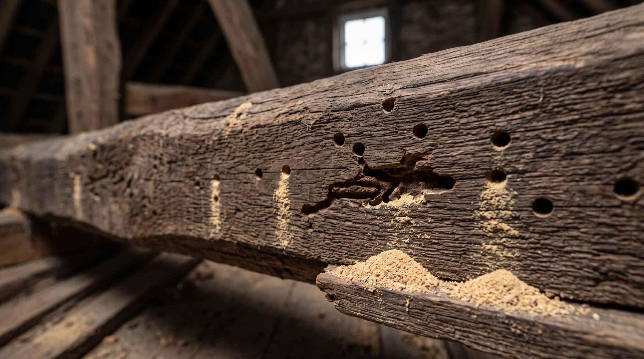 Vue rapprochée d'une poutre en bois sombre percée de petits orifices circulaires, avec des tas de sciure claire accumulés.