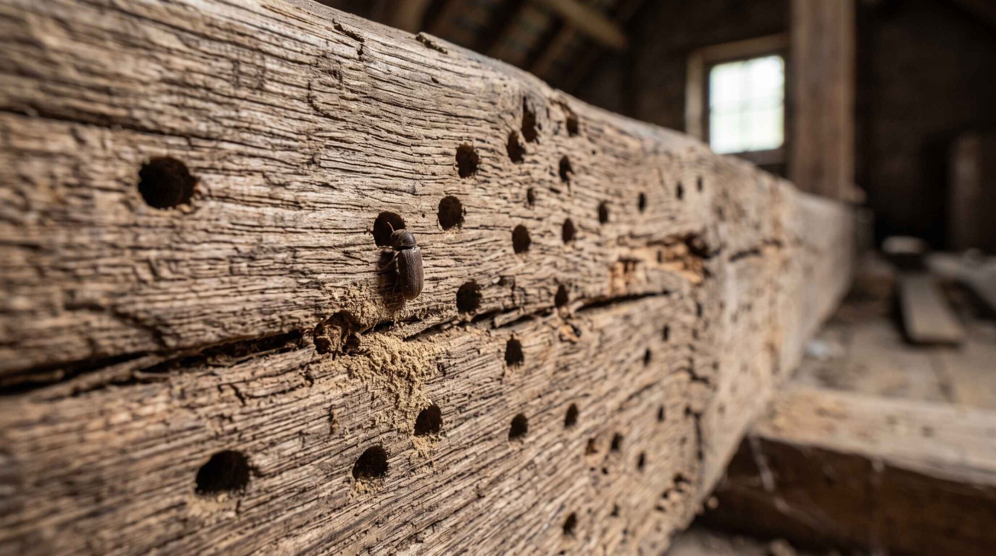 Gros plan sur une poutre en bois ancienne perforée de nombreux petits trous de sortie créés par des vrillettes xylophages.