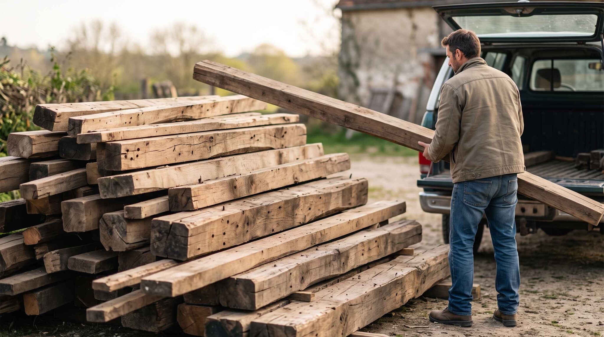 Un grand tas de poutres anciennes en bois brut, accumulées en extérieur, à côté d'un homme chargeant son utilitaire.