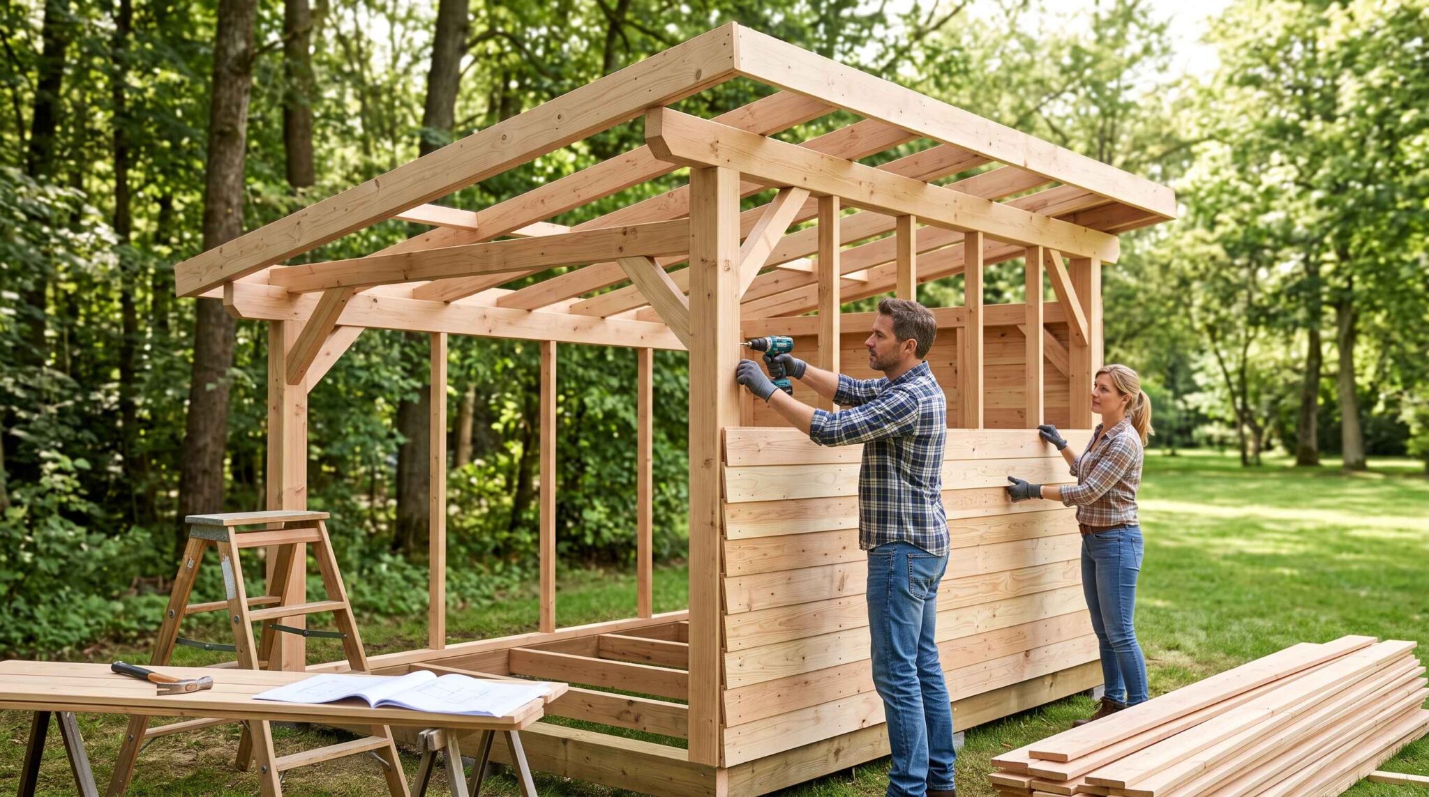 Au milieu du jardin, un homme et une femme vissent le bardage sur une ossature bois près de leurs plans.