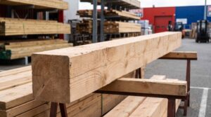 Une imposante poutre carrée en bois brut repose sur des tréteaux devant des rayonnages de stockage dans une cour extérieure.