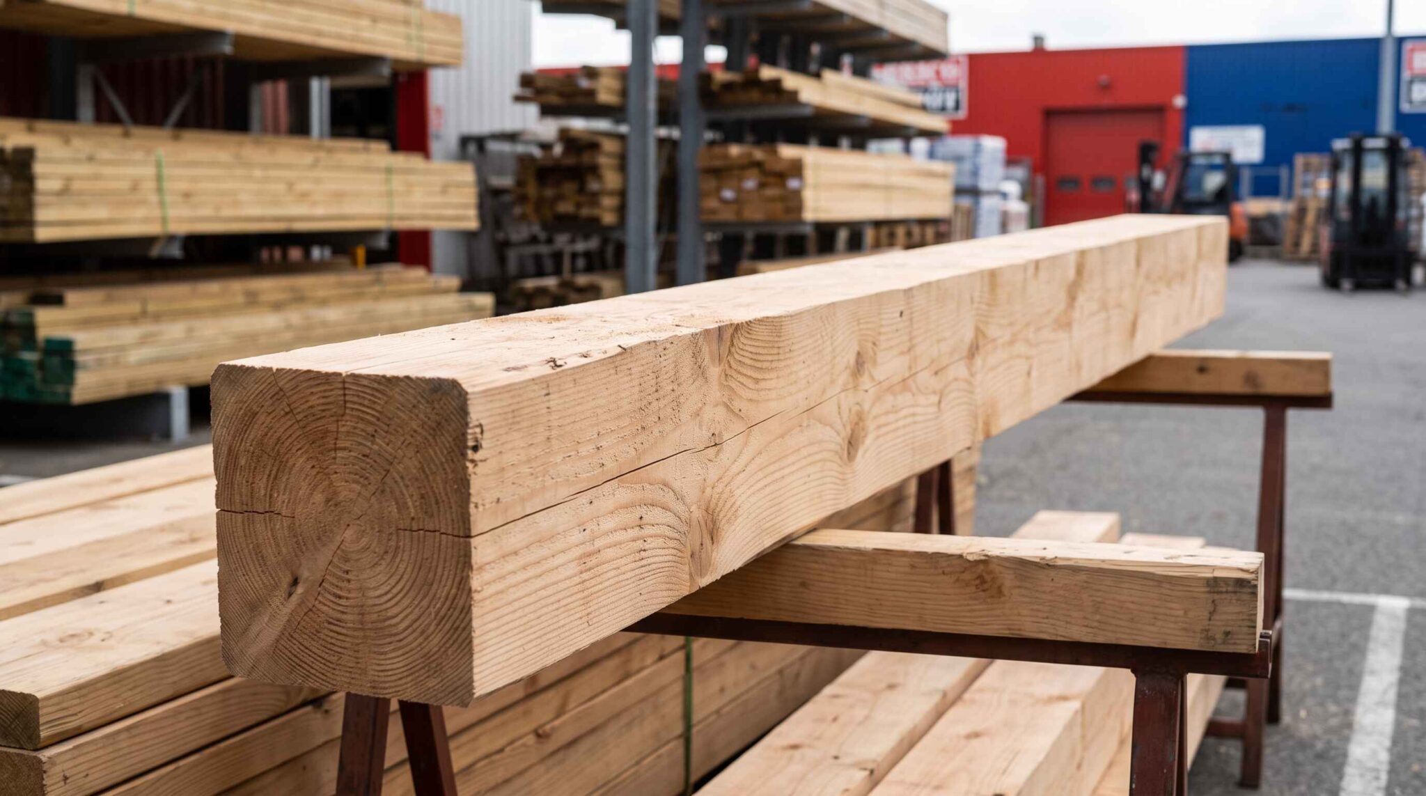 Une imposante poutre carrée en bois brut repose sur des tréteaux devant des rayonnages de stockage dans une cour extérieure.